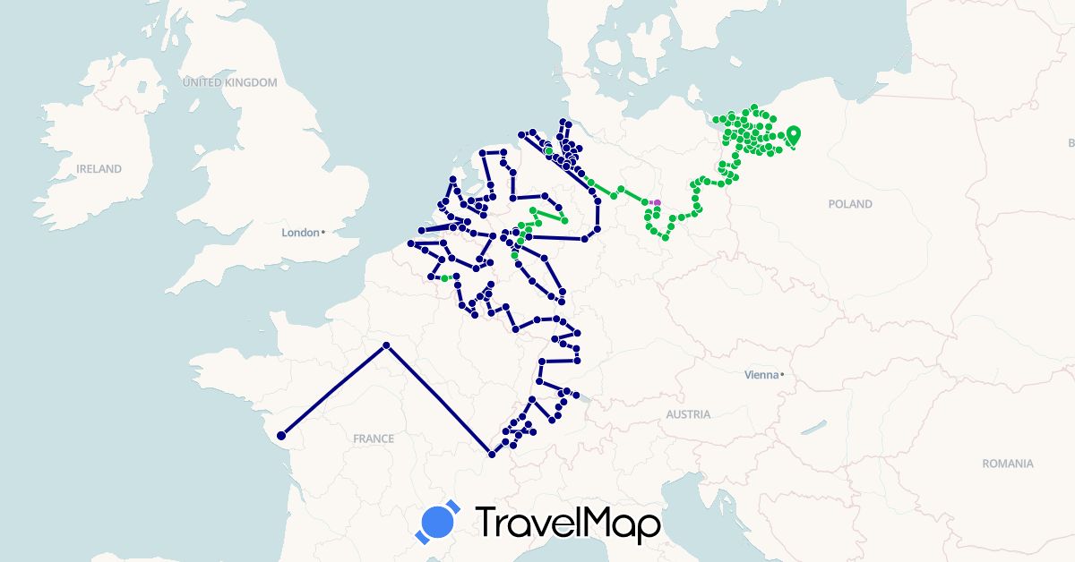 TravelMap itinerary: driving, bus, train in Belgium, Switzerland, Germany, France, Luxembourg, Netherlands, Poland (Europe)